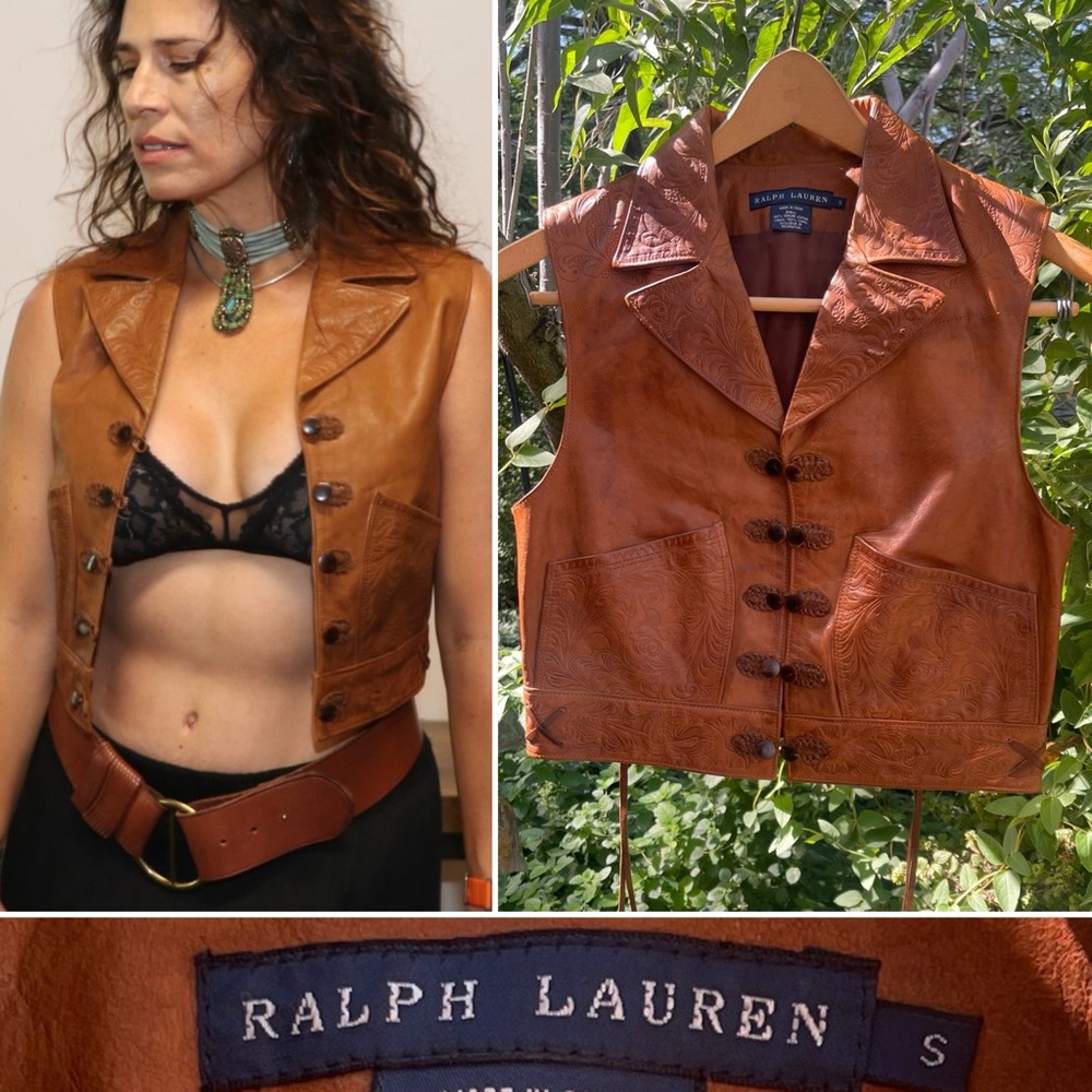 * SOLD * RARE VTG • RALPH LAUREN • Blue Label • Cognac Leather Boho Vest S RRL